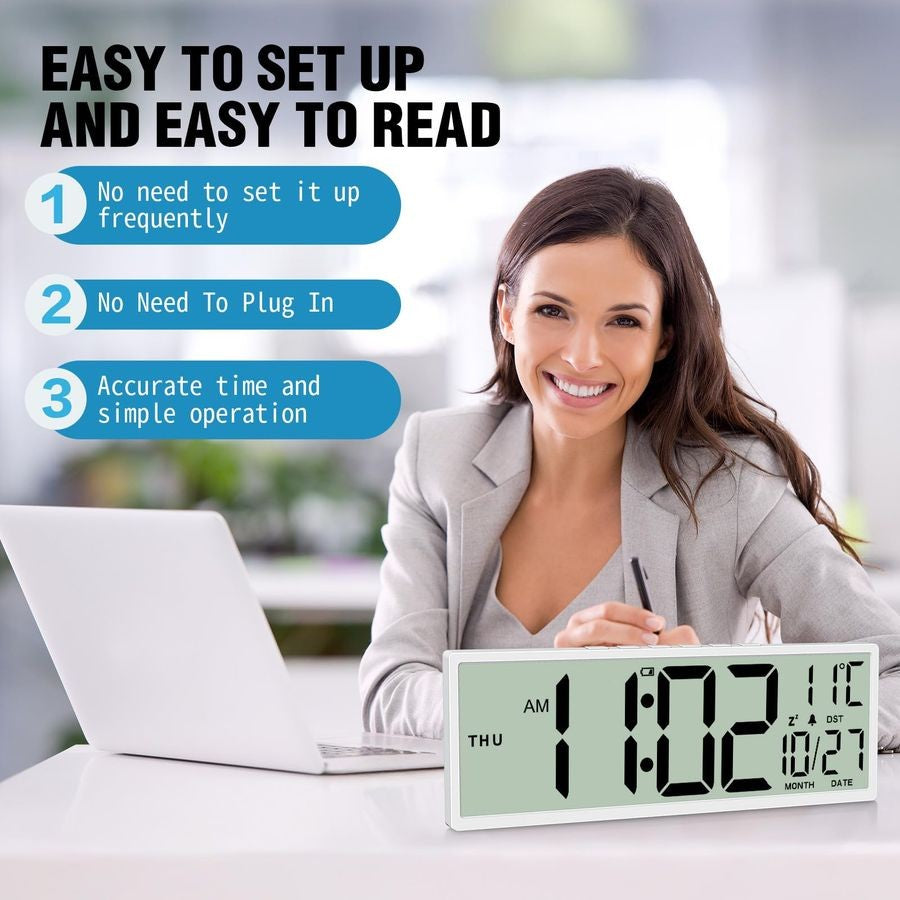 14.5 Digital Wall Clock Battery Operated with Big Digits LCD Screen Display, Large Display Timer with Temperature Date Week Auto