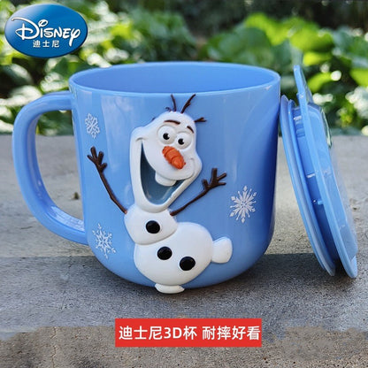 Copo infantil de desenho animado Disney Mickey Stitch com tampa Caneca de leite Frozen Elsa 3D Copo para beber em casa Copo para escovar a boca Copo de água infantil