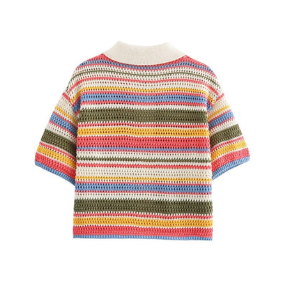 TRZA-Women's Striped Crochet Knit Crop Sweater, Polo Collar, Short Sleeve, Button-up, Female Outerwear, Chic Tops, Fashion