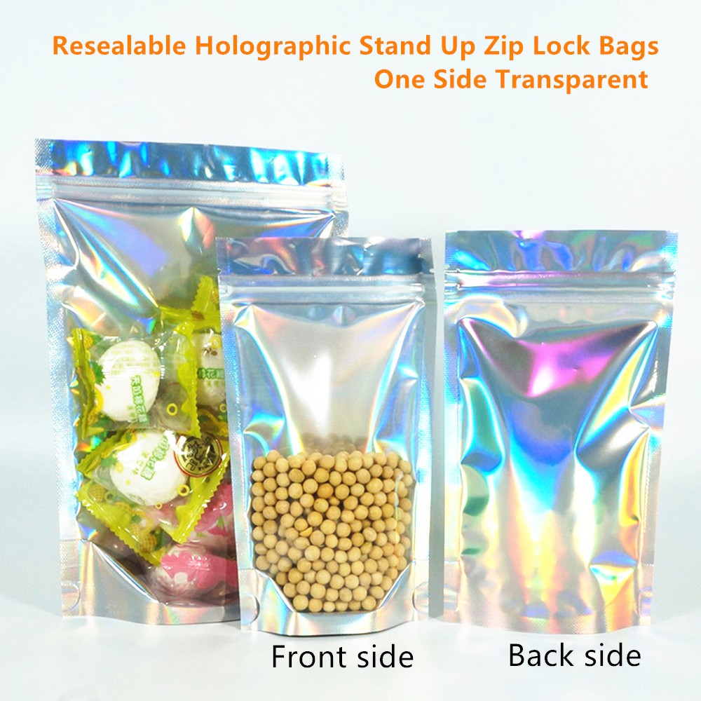 100pcs One Side Clear Laser Shiny Aluminum Foil Zip Lock Bags  Reflective Holographic Self-sealing Pouch for Fashion Accessories