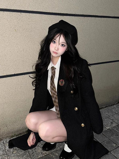 Jk Uniform Wool Coat Women Fashion Japanese Preppy Elegant Badge Black Midi Outwear Autumn Winter Sweet Long Sleeve Quilted Tops