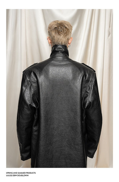 Mauroicardi Spring Autumn Oversized Cool Extra Long Black Pu Leather Trench Coat Men Zipper Loose Luxury European Fashion 2023