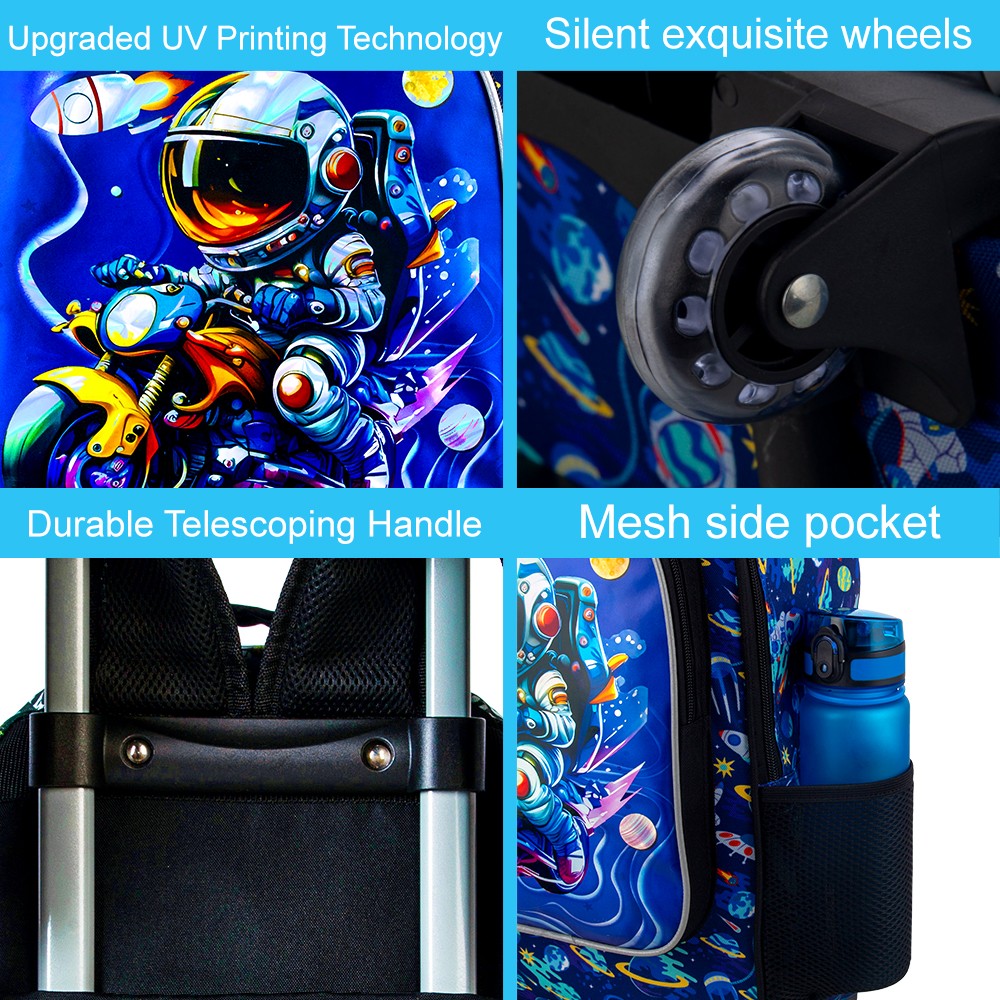 3PCS Astronaut Rolling Backpack for Boys, Kids School Backpacks with Wheels,  UV Printed Roller Wheeled Bookbag