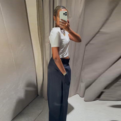Casual Striped Loose Pants Women High Waist Pleated Straight Long Wide Leg Trousers Female 2025 Fashion Autumn Lady Bottoms