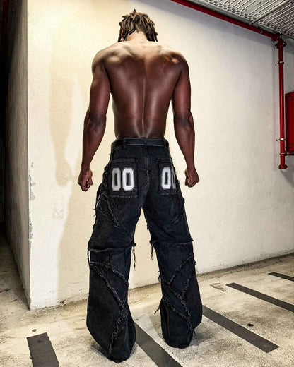Elixir X Cozy Detachable Jeans Retro Punk Streetwear Ziipper Patchwork Stripe Denim Pants Men Black Baggy Hip Hop Splicing Jeans