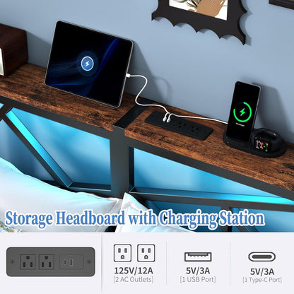 Full Size Metal Bed Frame with LED Lights, Storage Headboard with Charging Station, Modern Full Platform Bed with Heavy