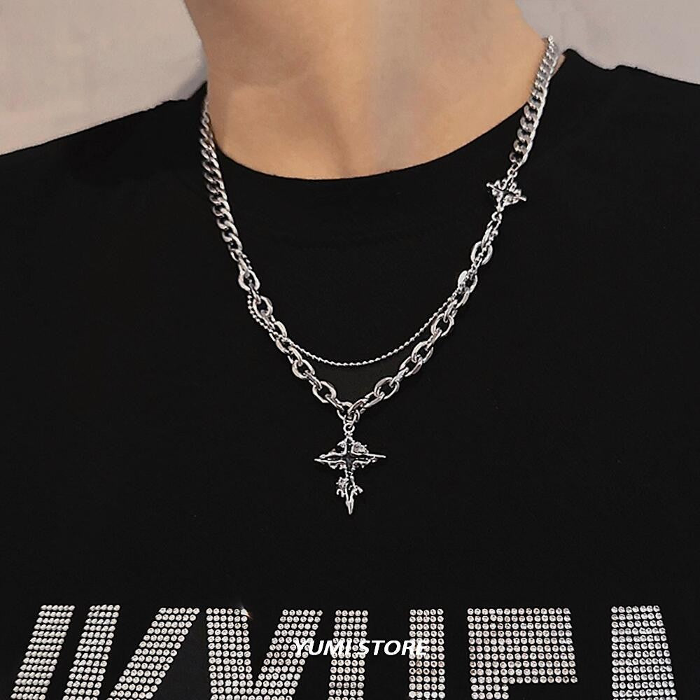 Colar Cruz Chamas Pretas Punk Masculino Feminino Tendência Aço Titânio Corrente Suéter Pingente Joias Hip Hop Acessórios Kpop Irados