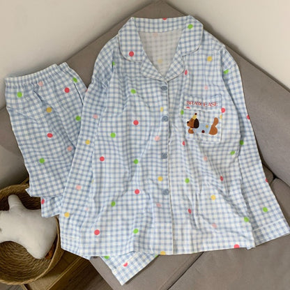 Cartoon Dog Letter Plaid Print Pajama Sets for Women Plus Size Sweet Cute Harajuku Style 2PC Set Sleepwear Autumn New Homewear