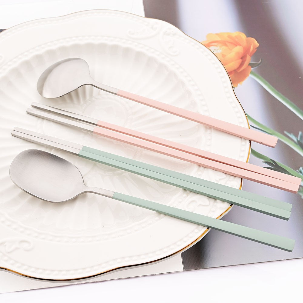 2Pcs Sushi Chopsticks Spoon Flatware Set Korean Colorful Silver Matte Tableware Stainless Steel Cutlery Set Spoon Dinnerware Set