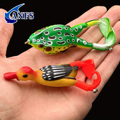 ANFS 3 iscas de pesca premium em formato de sapo-pato com caixa de armazenamento - Isca macia para pesca em água doce na superfície
