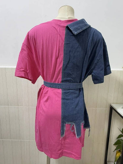 XFPV Women's Sweet high Waist Wrap Belt Round Neck patchwork Denim Shirt  Chic Top Y2k Korean Fashion Spring Summer 2025 SM11327