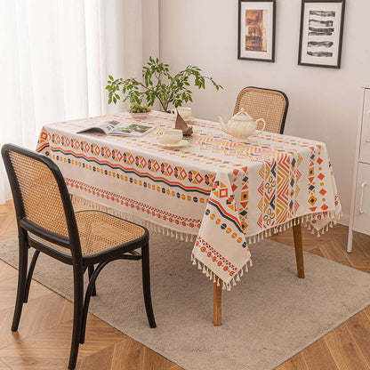 Vintage Boho Tassel Table Cloth Waterproof Cotton Linen Bohemian Tablecloth Patio Outdoor Wrinkle Free Table Protector Covers