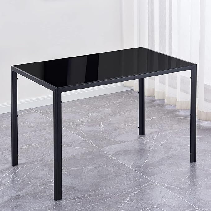 Modern Rectangular Dining Table with Black Glass Top, Steel Frame, Seats 4, Easy to Clean, Ideal for Kitchen Use