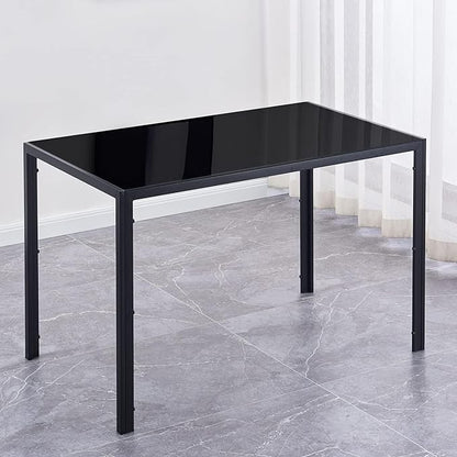 Modern Rectangular Dining Table with Black Glass Top, Steel Frame, Seats 4, Easy to Clean, Ideal for Kitchen Use