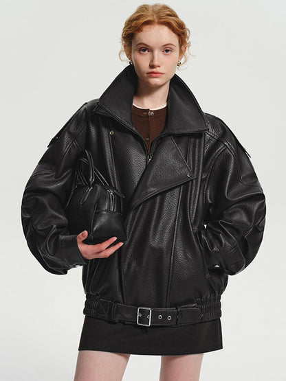 Lautaro Spring Autumn Cool Brown Oversized Pu Leather Jacket Women Long Sleeve Zip Up Luxury Designer American Retro Clothing