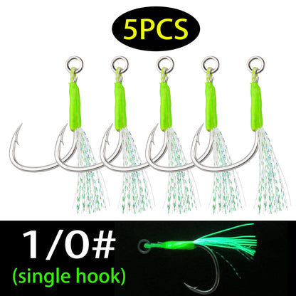 Anzóis Jig Assist 5 Peças, Linha de Aço Inoxidável de Alta Resistência, Tubo Luminoso, Pena, Anel Sólido, Anzol de Jigging, Anzóis de Pesca de Barco