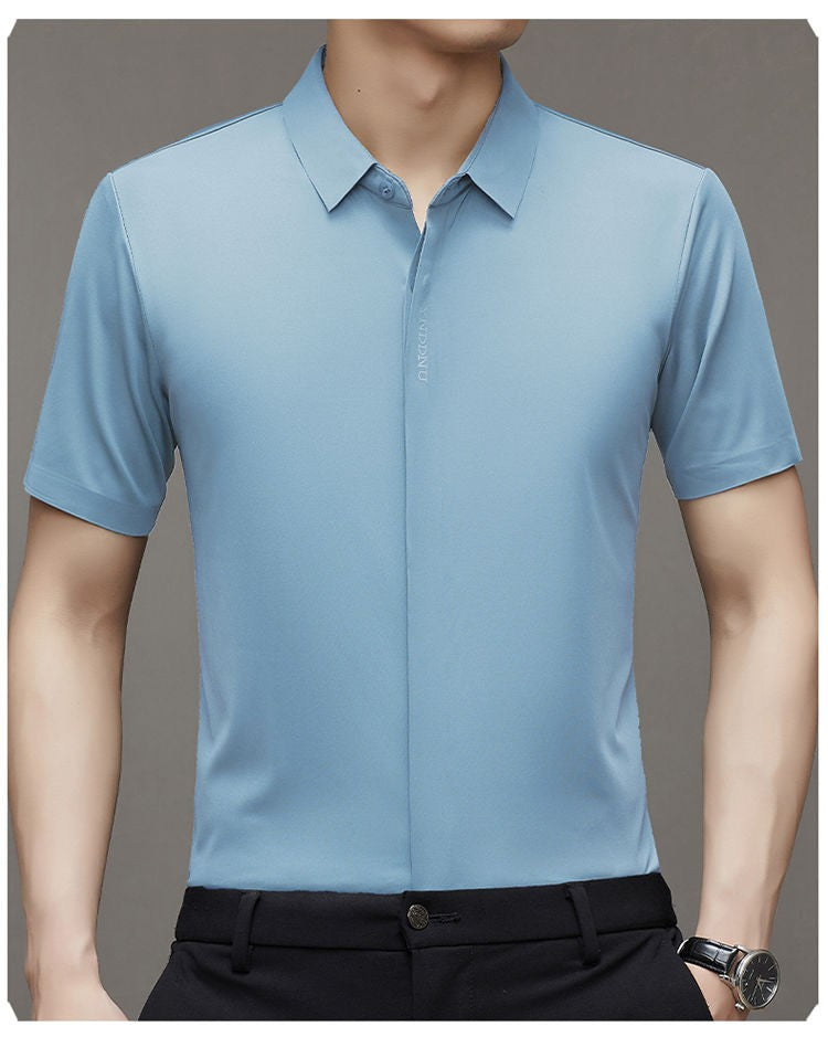 High end  Mulberry Silk Men Short Sleeve Business Shirt Wrinkle Resistant Button Invisible Top Elastic Luxurious Men Shirts