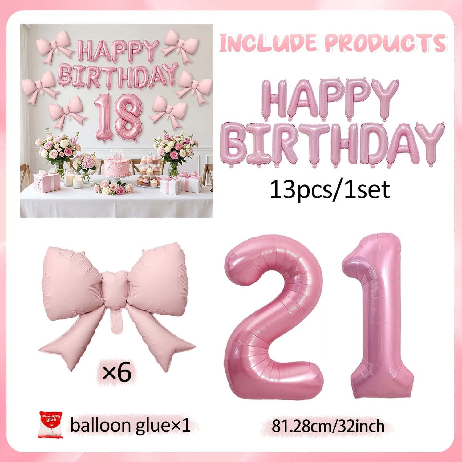 Pink Bow Birthday Balloon Happy Birthday Letter Balloon Used for Wedding, Valentine's Day, Birthday, Proposal Decoration Decor