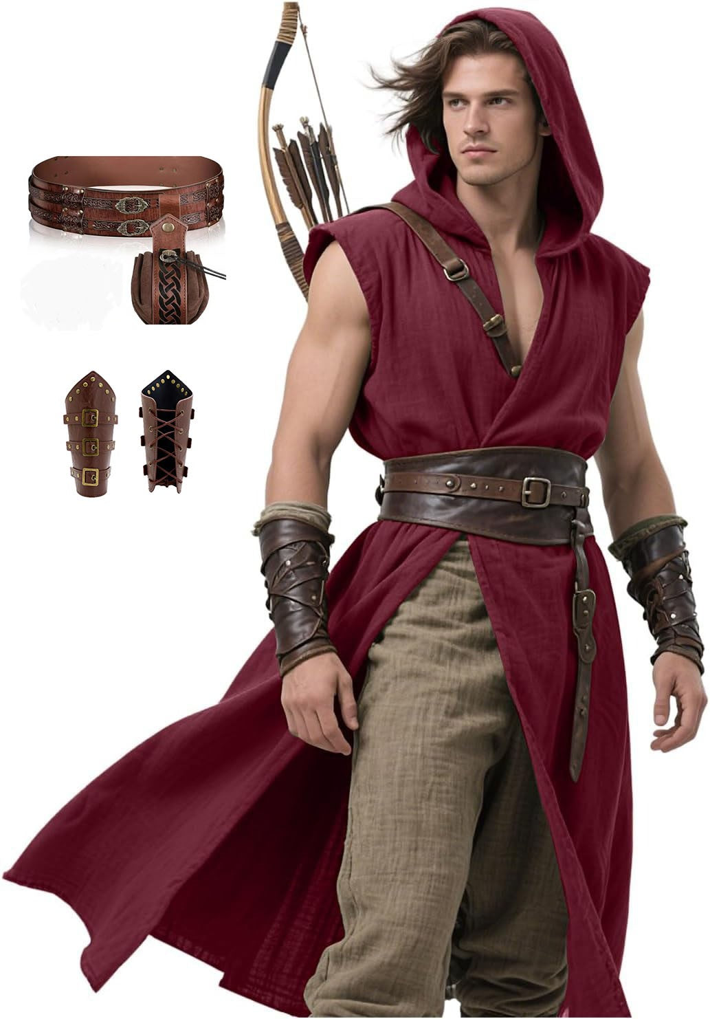 Men's Medieval Hooded Surcoat Renaissance Tabard Sleeveless Tunic Cloak Viking Costume Holloween Assassin Cosplay
