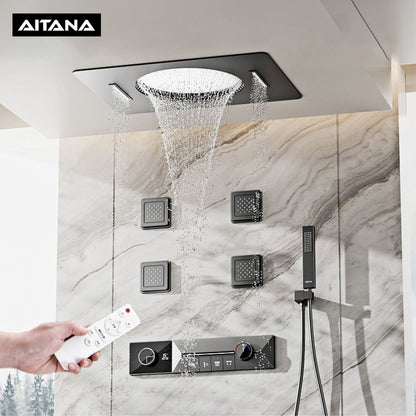 AITANA sistema de chuveiro de luxo em latão cinza arma, embutido no teto, com temperatura constante e display digital LED, torneira de banheiro com água quente e fria