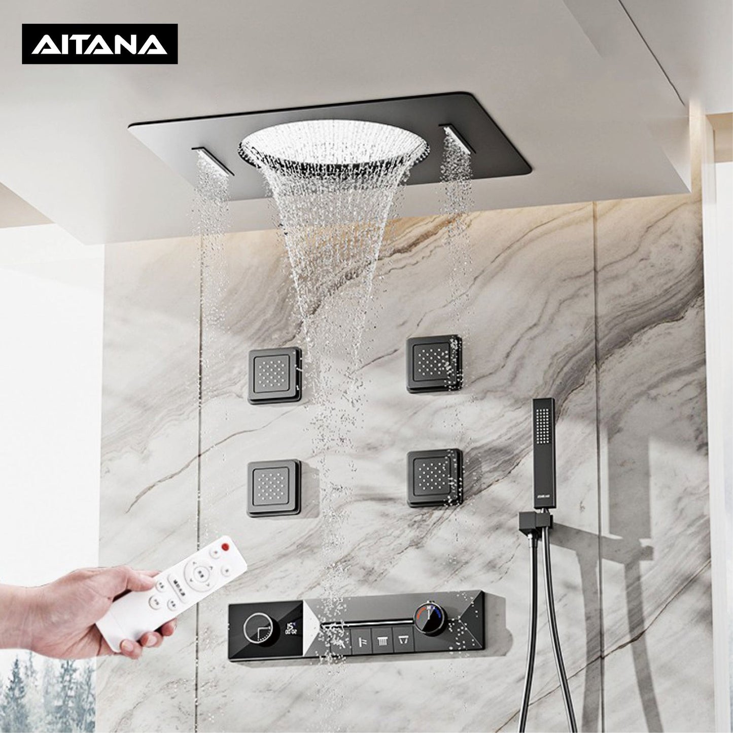 AITANA sistema de chuveiro de luxo em latão cinza arma, embutido no teto, com temperatura constante e display digital LED, torneira de banheiro com água quente e fria