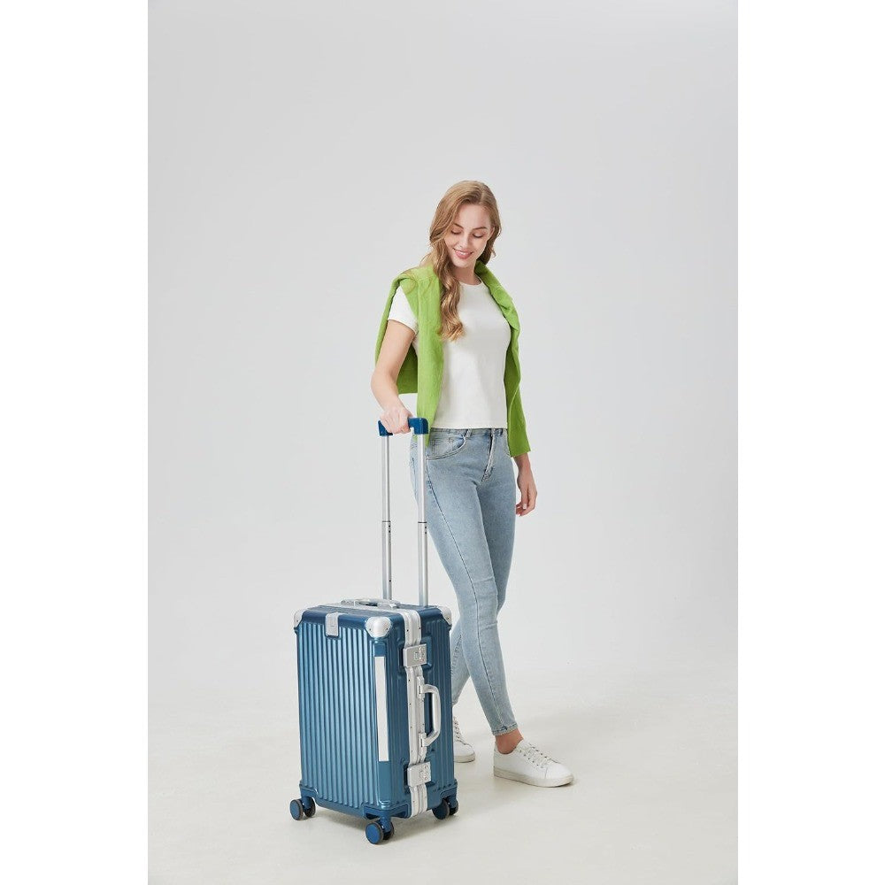 Gorgeous Gem-Blue 3/7 Split Opening Zipperless Aluminum Frame Suitcase, Higher Volume 22x14x9, Airline Approved Carry-On Luggage