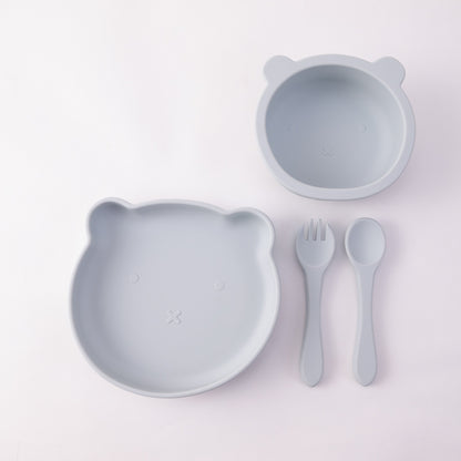 Color Kids 4PCS Silicone Feeding Tableware Set Baby Newborn Items Sucker Dishes Spoon Fork Bowls Food Training Essentials