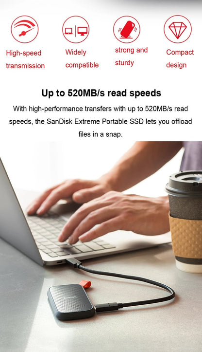 Unidade de Estado Sólido Externa SanDisk E30 1TB 2TB SSD Portátil com Velocidade Máx. de 800MB/s