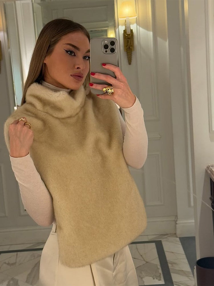 Women Solid Faux Fur Vest Crop Top Fashion Turtleneck Fluffy Short Tank Tops 2025 Winter Lady Elegant Sleeveless Jacket Coat
