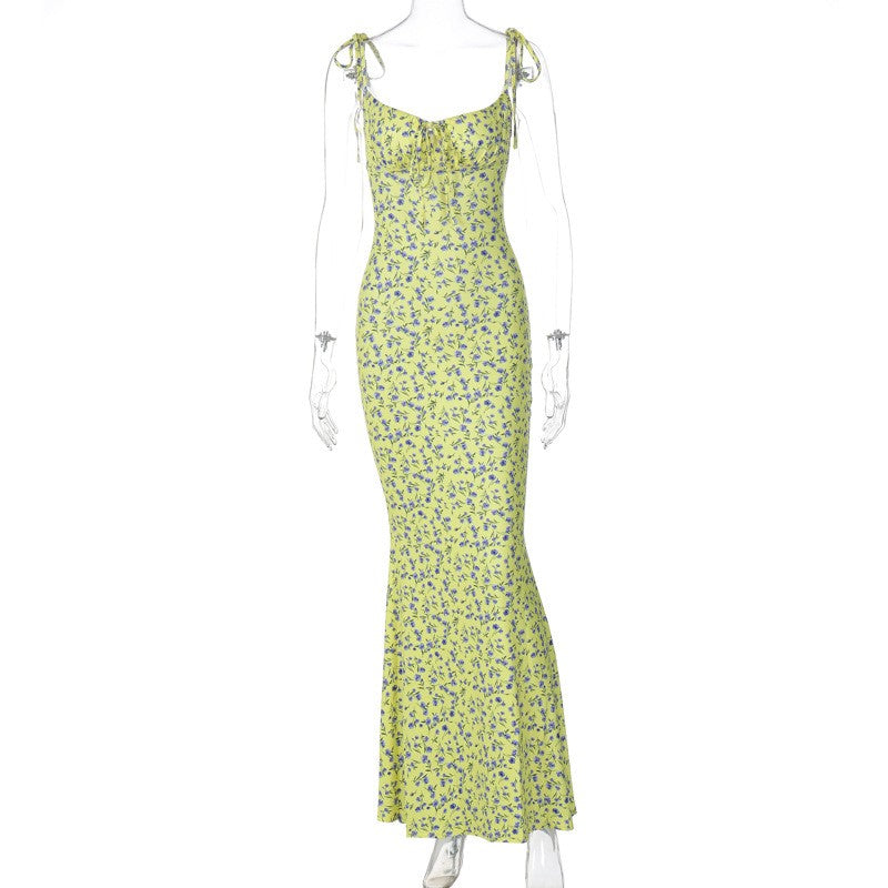 Hugcitar Floral Print Sleeveless Backless Slips Lace Up Maxi Dress Sexy Bodycon