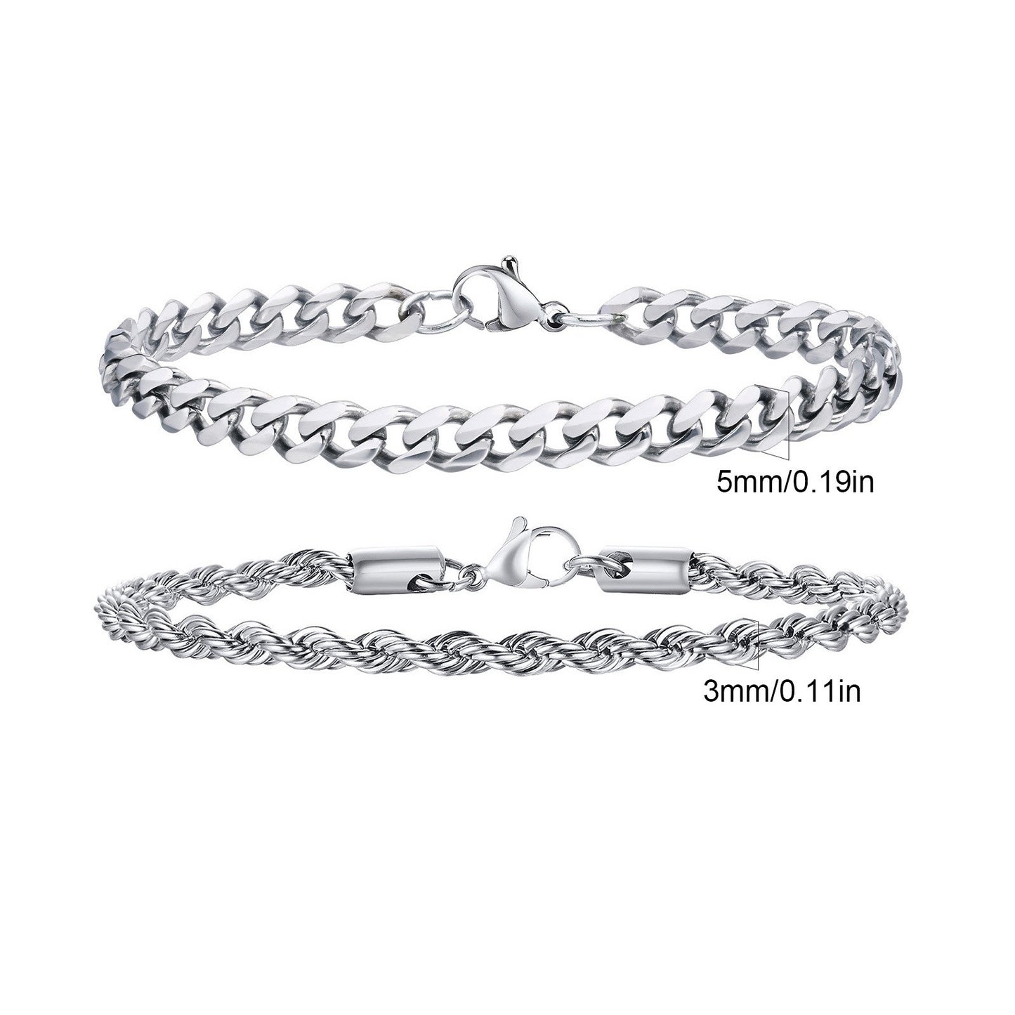 2 Pulseiras Masculinas de Corrente, Aço Inoxidável Prata Ouro Cor Preta, Corrente de Corda Torcida, Pulseira, Correntes Cubanas Modernas de Presente