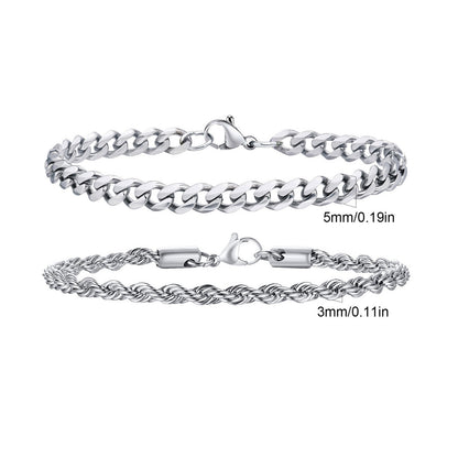 2 Pulseiras Masculinas de Corrente, Aço Inoxidável Prata Ouro Cor Preta, Corrente de Corda Torcida, Pulseira, Correntes Cubanas Modernas de Presente