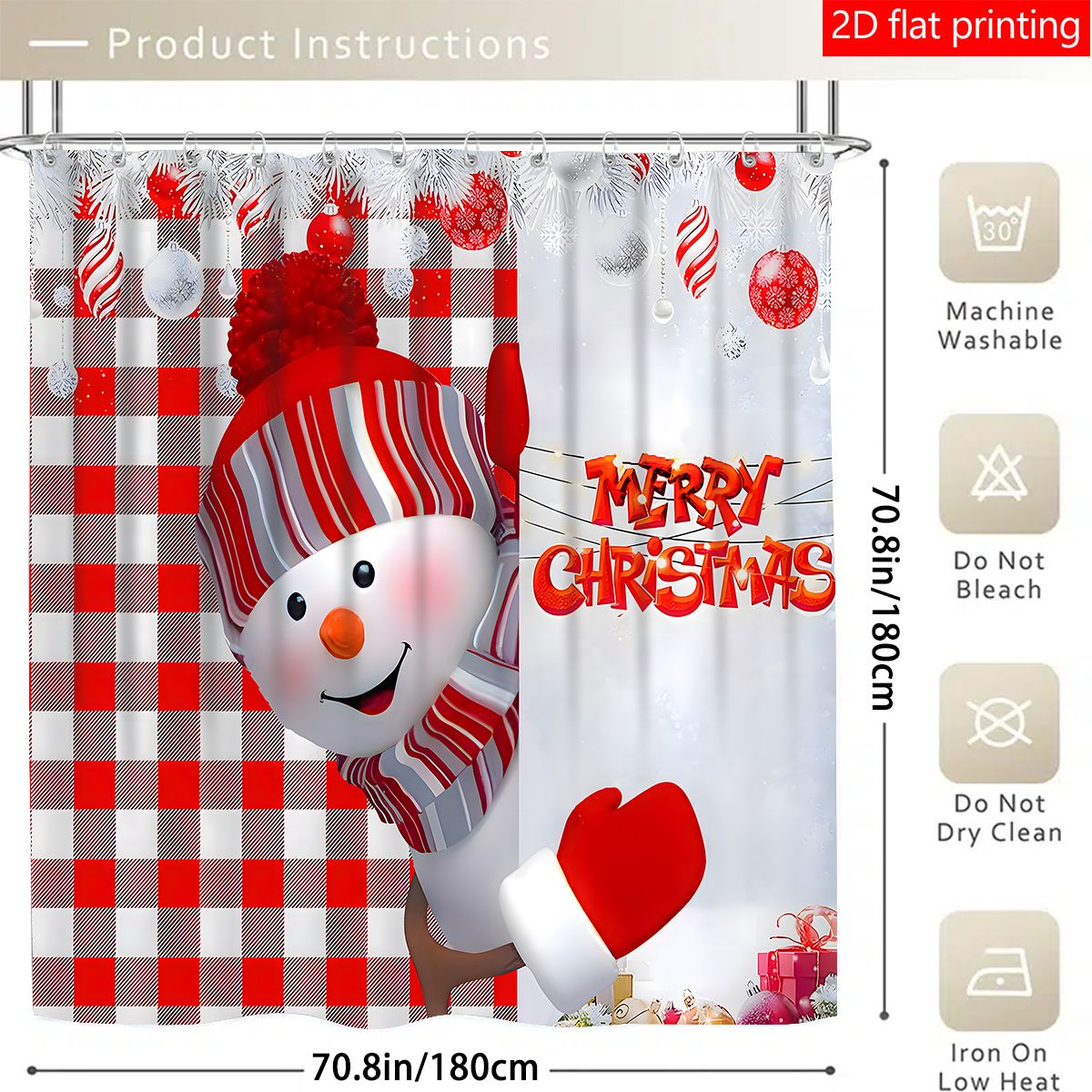 4pc Christmas red checkered snowman bath curtain, bath curtain waterproof fabric bathroom decorative curtain with 12 hooks, anti