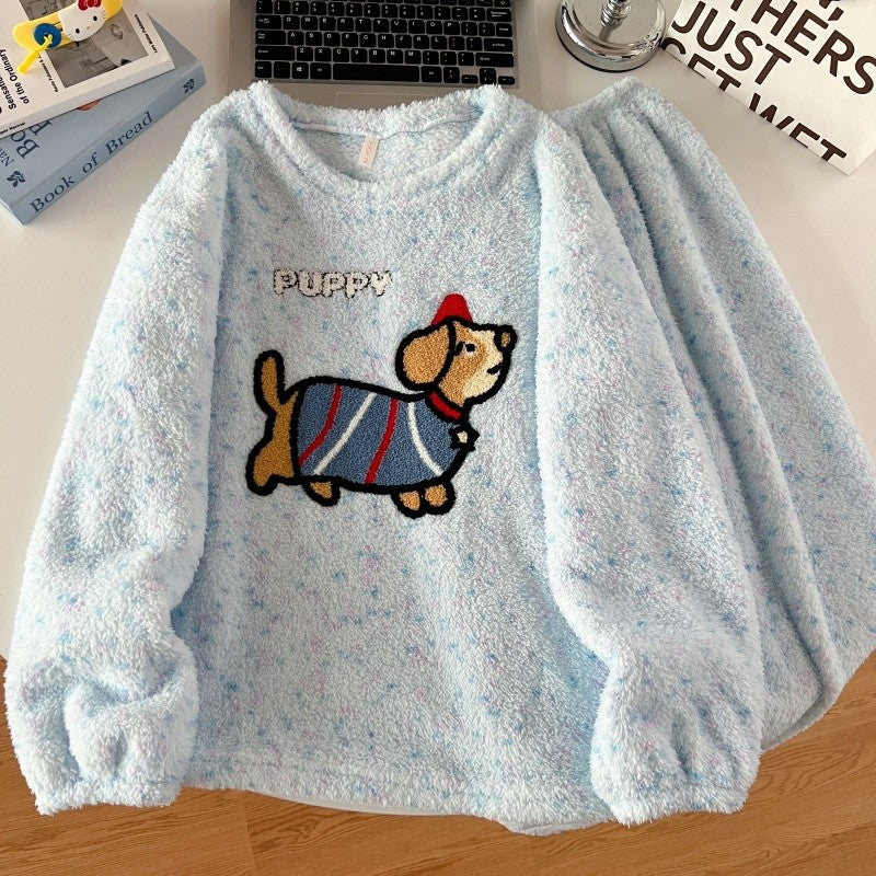 2pcs/Set Pajamas Korean Cute Dog Thickened Warm Fall And Winter Women's Pajamas Long-Sleeved Long Pants Set Sweet New Sleepwear