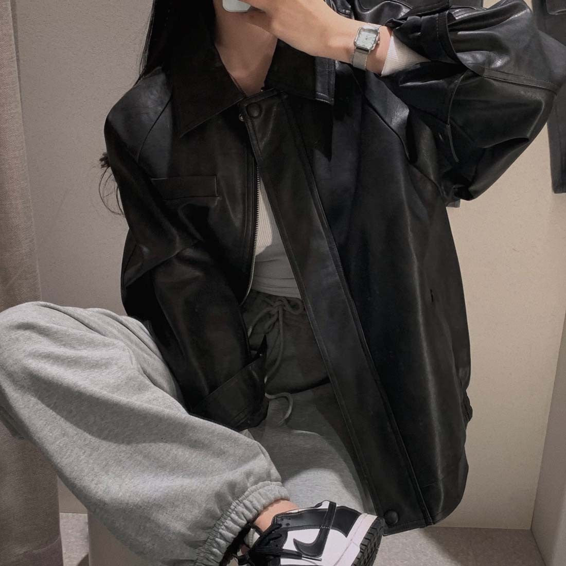 Sli Loose PU Leather Jaet Women's Chic Retro Collar Versatile BF Sle Motorcycle Clothes Trendy Long Sve Zipper