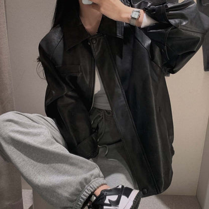 Sli Loose PU Leather Jaet Women's Chic Retro Collar Versatile BF Sle Motorcycle Clothes Trendy Long Sve Zipper