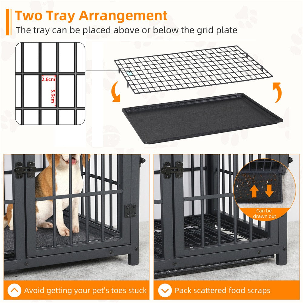 Caixa de Madeira Grande para Cães, Estilo Móvel Interno, Gaiola Elevada para Cães de Estimação, Canil, Mesa de Apoio, Cercado com Treliça, 3 Portas, Bandeja Removível