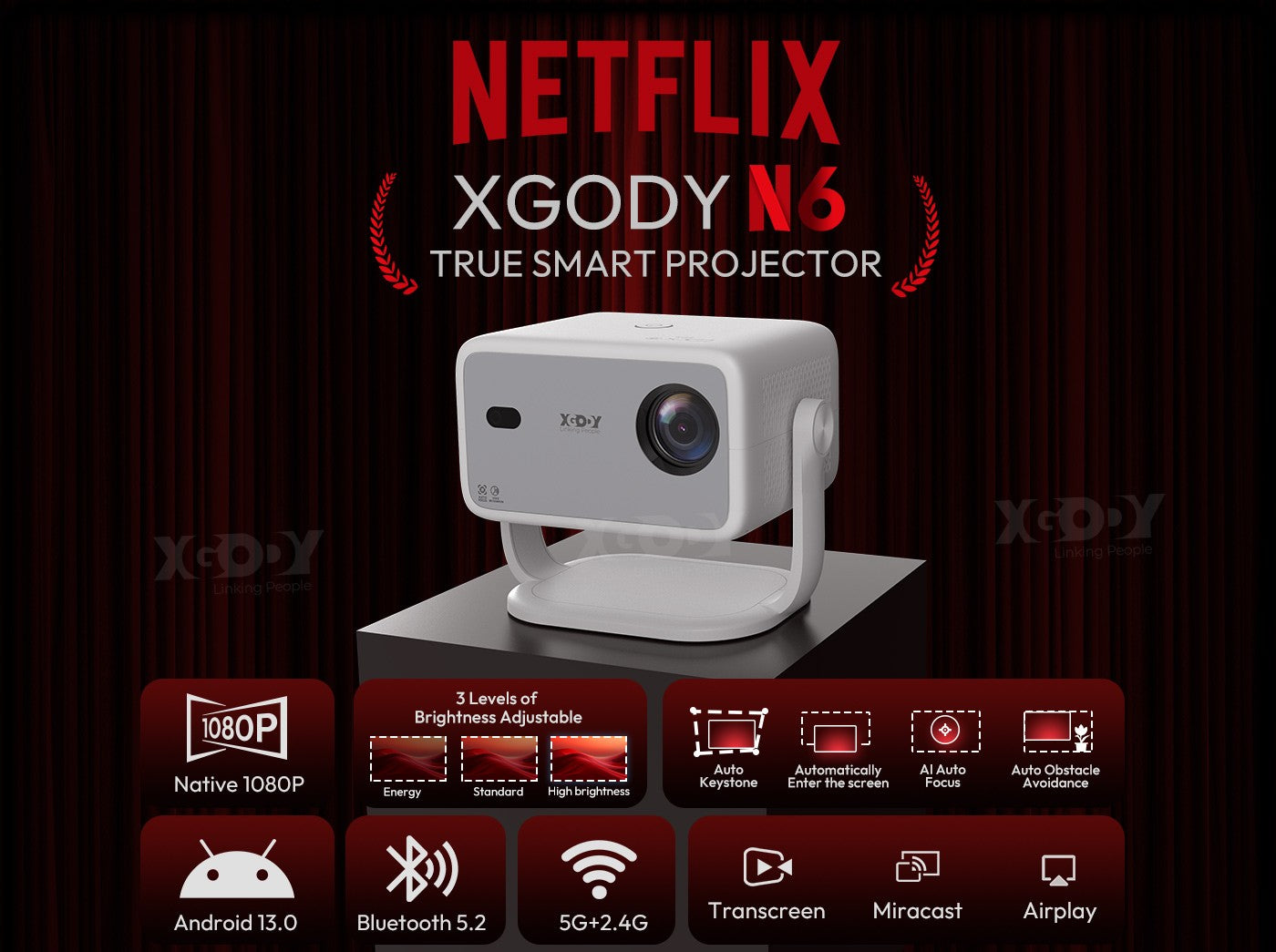 Projetor Inteligente XGODY N6 500 ANSI Netflix Oficial Beamer 4K Nativo 1080P Whale OS WiFi Bluetooth HDMI Home Theater