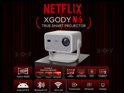 Projetor Inteligente XGODY N6 500 ANSI Netflix Oficial Beamer 4K Nativo 1080P Whale OS WiFi Bluetooth HDMI Home Theater