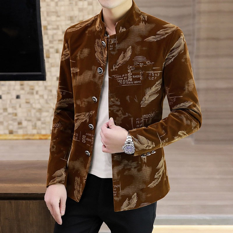 Luxury Retro Velvet Suit Jacket for Men Fashion Slim Fit Stand Collar Blazer Masculino Casual Business Wedding Dress Coat