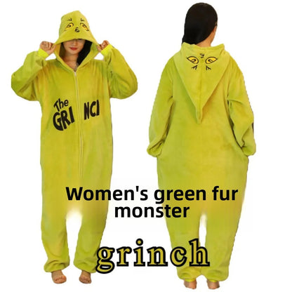 Halloween Cartoon Animal Onesie Pajamas Couple Hooded Plush Home Clothes Winter Warm Sleepwear Matching Family Outfits