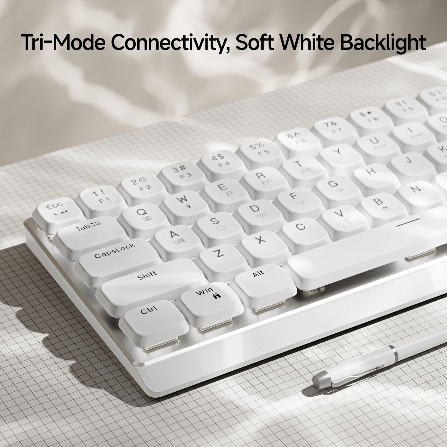 Teclado Gamer Sem Fio Ergonômico EWEADN Tri-Modo, BT/2.4G/Com Fio, Switch de Perfil Baixo, Tela, Silencioso, Botão Giratório, para PC/Laptop