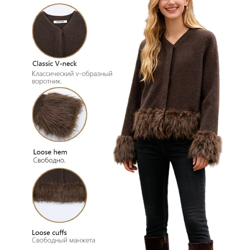 Ladies Coat With Plush Hem Faux Fur Single Breasted Patchwork Knitted Coat Autumn And Winter Daily Fashion Versatile Coat