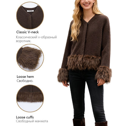 Ladies Coat With Plush Hem Faux Fur Single Breasted Patchwork Knitted Coat Autumn And Winter Daily Fashion Versatile Coat