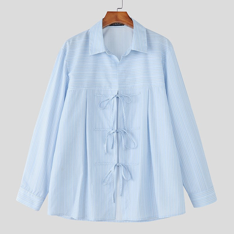 INCERUN Men Striped Shirt Lapel Long Sleeve Lace Up Hollow Out Men Clothing Oversize Korean Style Streetwear Casual Shirts Men