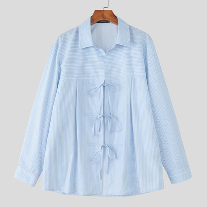 INCERUN Men Striped Shirt Lapel Long Sleeve Lace Up Hollow Out Men Clothing Oversize Korean Style Streetwear Casual Shirts Men