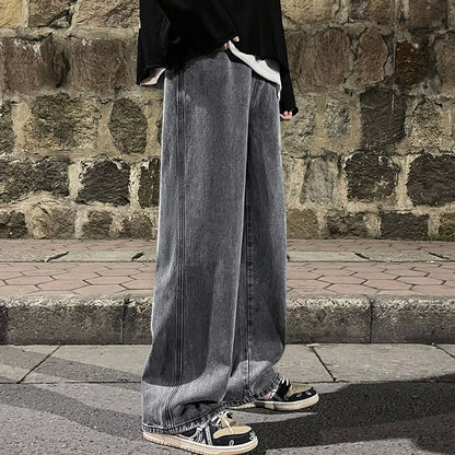 2025 Calça Jeans Masculina Coreana Casual Longa Reta Perna Larga Denim Cor Sólida Azul Claro Cinza Preto