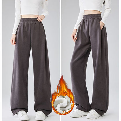 Winter Lady Snow Warm Thin Straight Leg Pants Girls Classic Daily Plush Trousers Women High Waist Thermal Fleece Pants