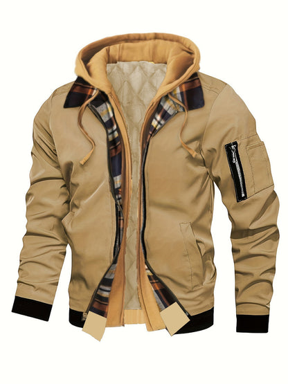 Jaqueta masculina de moletom com capuz outono inverno casual cor sólida falsa de duas peças com zíper e manga comprida quente
