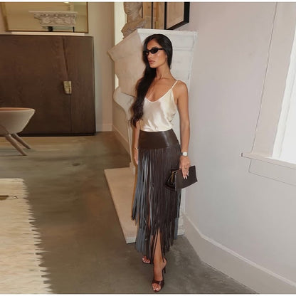 Tassel Leather Midi Skirt Women Solid High Street High-waist A-line Bodycon Long Skirts Spring Summer 2026 Chic All-match Outfit